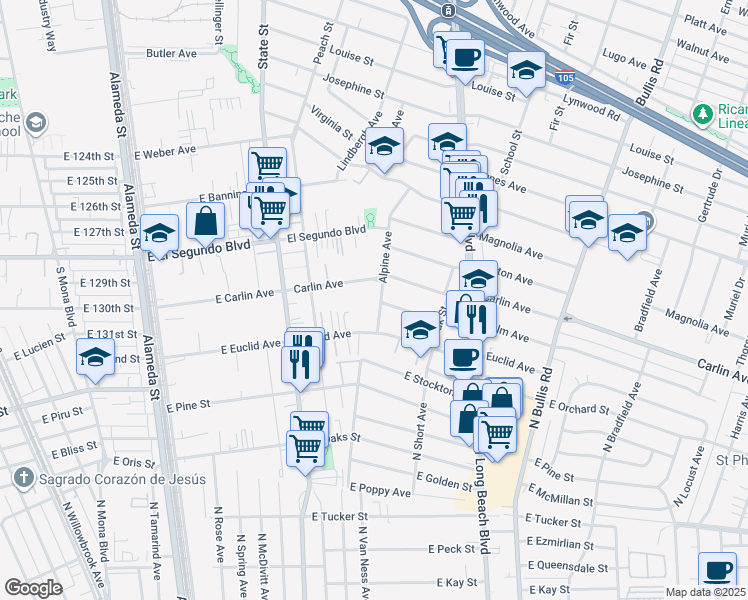 map of restaurants, bars, coffee shops, grocery stores, and more near 3204 Carlin Avenue in Lynwood