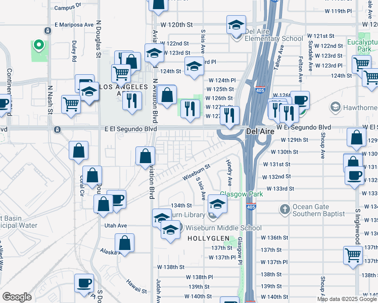 map of restaurants, bars, coffee shops, grocery stores, and more near 12915 Park Place in Hawthorne