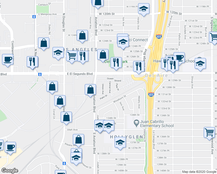 map of restaurants, bars, coffee shops, grocery stores, and more near 12922 Union Avenue in Hawthorne