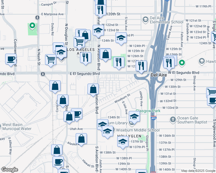 map of restaurants, bars, coffee shops, grocery stores, and more near 12922 Union Avenue in Hawthorne