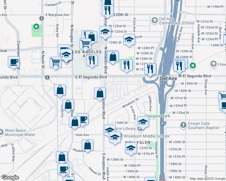 map of restaurants, bars, coffee shops, grocery stores, and more near in Hawthorne