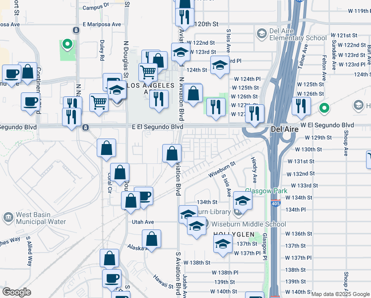 map of restaurants, bars, coffee shops, grocery stores, and more near 5550 Strand in Hawthorne