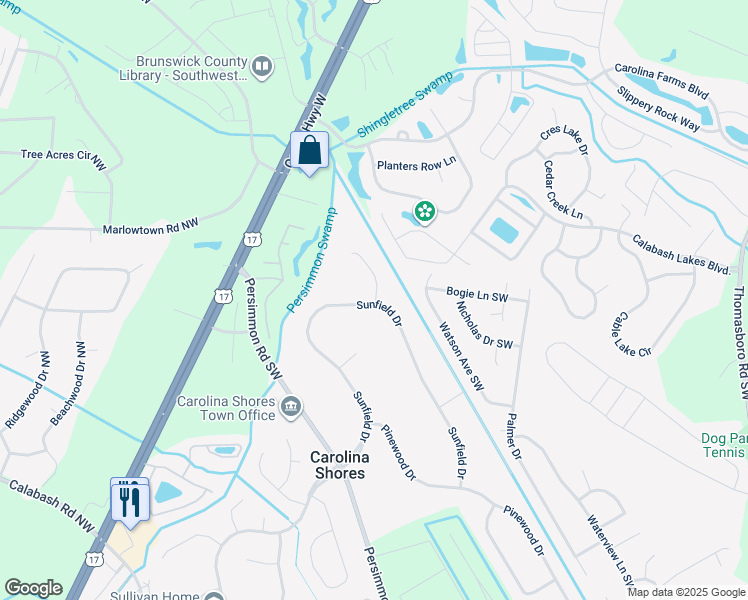 map of restaurants, bars, coffee shops, grocery stores, and more near 5 Mashie Court Southwest in Carolina Shores