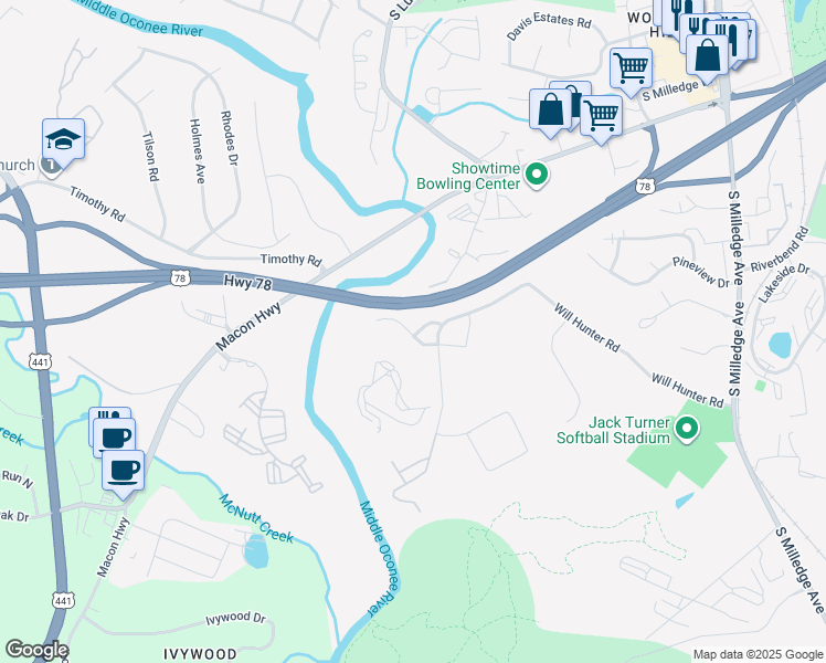 map of restaurants, bars, coffee shops, grocery stores, and more near 178 Dan's Way in Athens