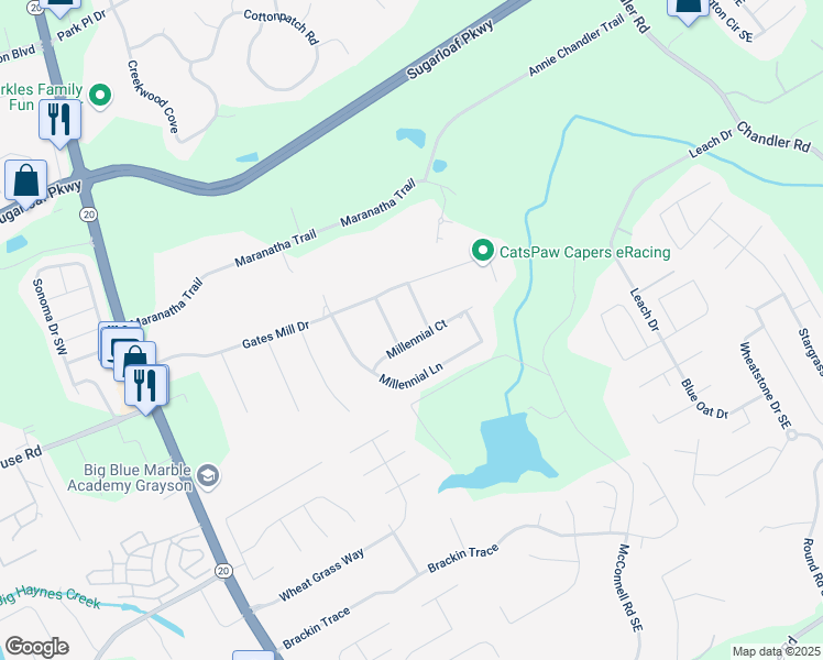 map of restaurants, bars, coffee shops, grocery stores, and more near 145 Millennial Court in Lawrenceville