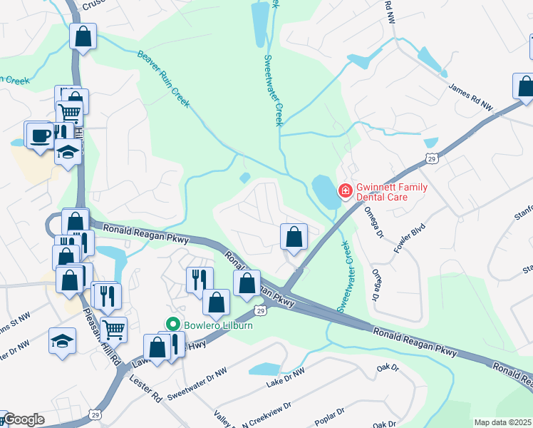 map of restaurants, bars, coffee shops, grocery stores, and more near 37 Foxcroft Way in Lawrenceville