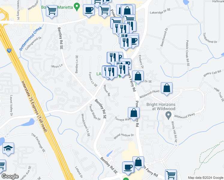 map of restaurants, bars, coffee shops, grocery stores, and more near 1307 Wynnes Ridge Circle Southeast in Marietta