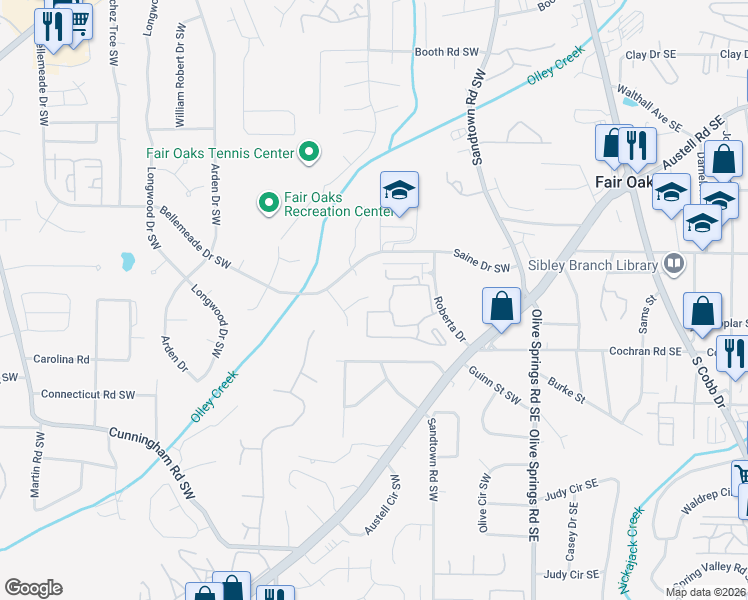 map of restaurants, bars, coffee shops, grocery stores, and more near 1230 Oakplace Drive Southwest in Marietta