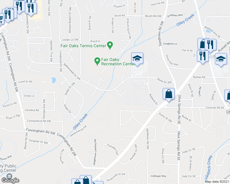 map of restaurants, bars, coffee shops, grocery stores, and more near 1558 Oakpoint Drive Southwest in Marietta