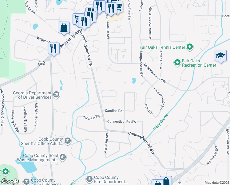 map of restaurants, bars, coffee shops, grocery stores, and more near 628 Crosswinds Circle in Marietta