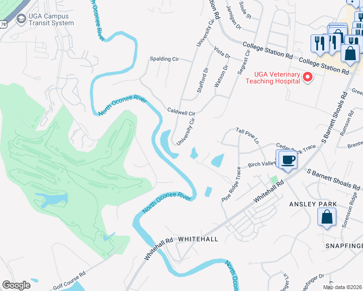 map of restaurants, bars, coffee shops, grocery stores, and more near 610 University Circle in Athens