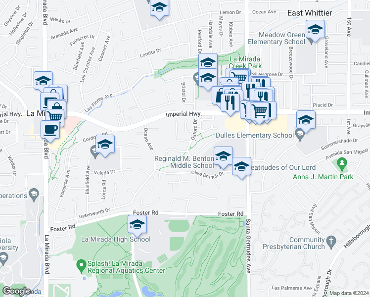 map of restaurants, bars, coffee shops, grocery stores, and more near 15525 Grove Hill Lane in La Mirada