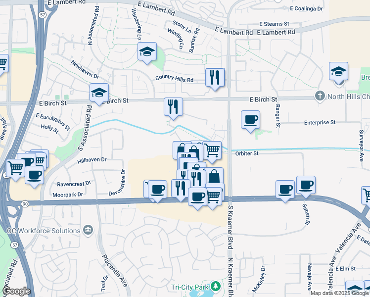 map of restaurants, bars, coffee shops, grocery stores, and more near 2462 Sanabria Lane in Brea