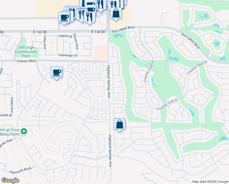 map of restaurants, bars, coffee shops, grocery stores, and more near 6376 Spyglass Avenue in Banning