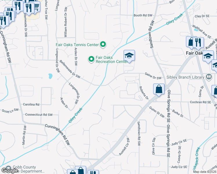 map of restaurants, bars, coffee shops, grocery stores, and more near 1558 Oakpoint Drive Southwest in Marietta