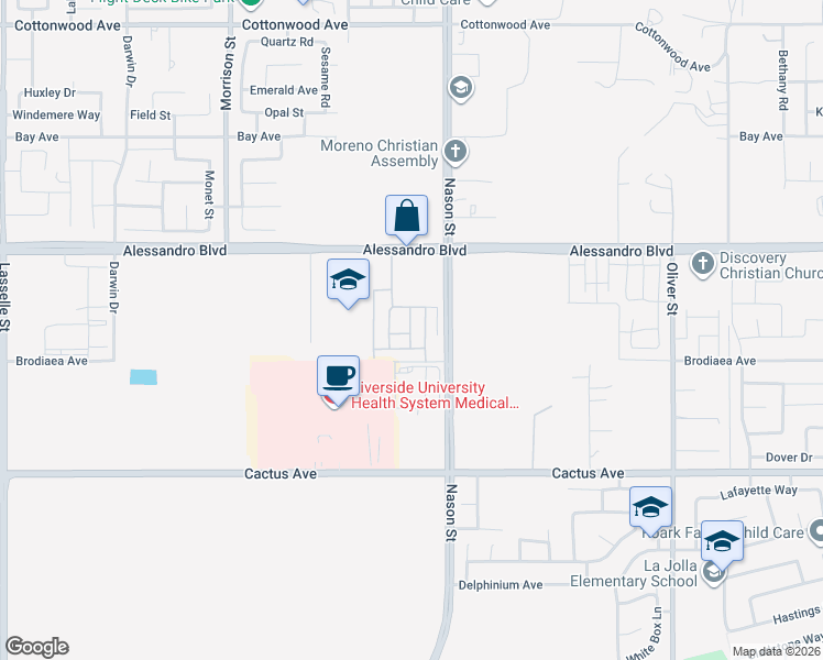 map of restaurants, bars, coffee shops, grocery stores, and more near 26871 Alessandro Boulevard in Moreno Valley