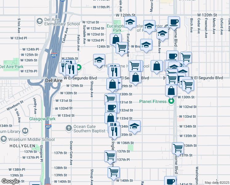 map of restaurants, bars, coffee shops, grocery stores, and more near in Hawthorne