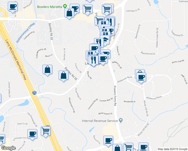 map of restaurants, bars, coffee shops, grocery stores, and more near 1307 Wynnes Ridge Circle Southeast in Marietta