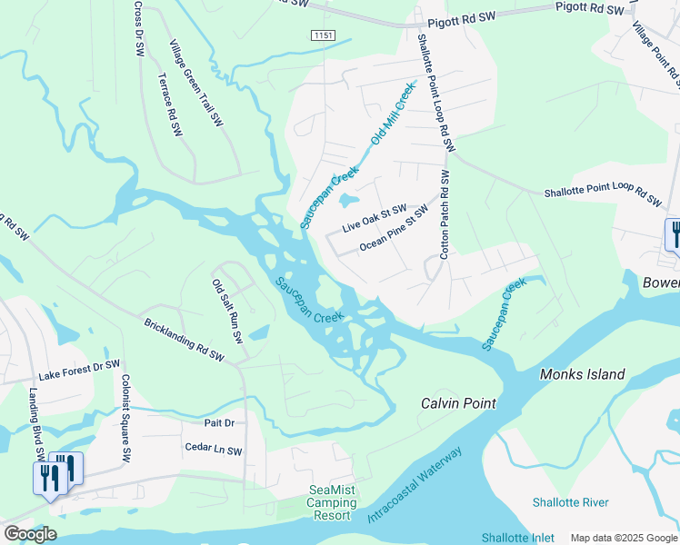 map of restaurants, bars, coffee shops, grocery stores, and more near 1665 Lawndale Drive Southwest in Shallotte