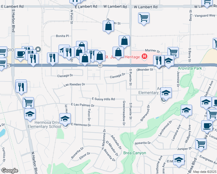 map of restaurants, bars, coffee shops, grocery stores, and more near 3830 Madonna Drive in Fullerton