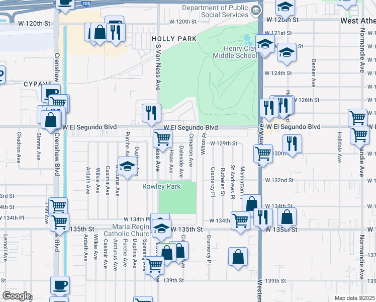 map of restaurants, bars, coffee shops, grocery stores, and more near 12923 Cimarron Avenue in Gardena