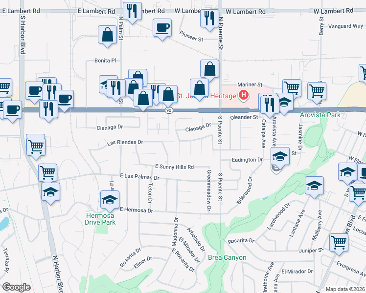 map of restaurants, bars, coffee shops, grocery stores, and more near 3830 Madonna Drive in Fullerton