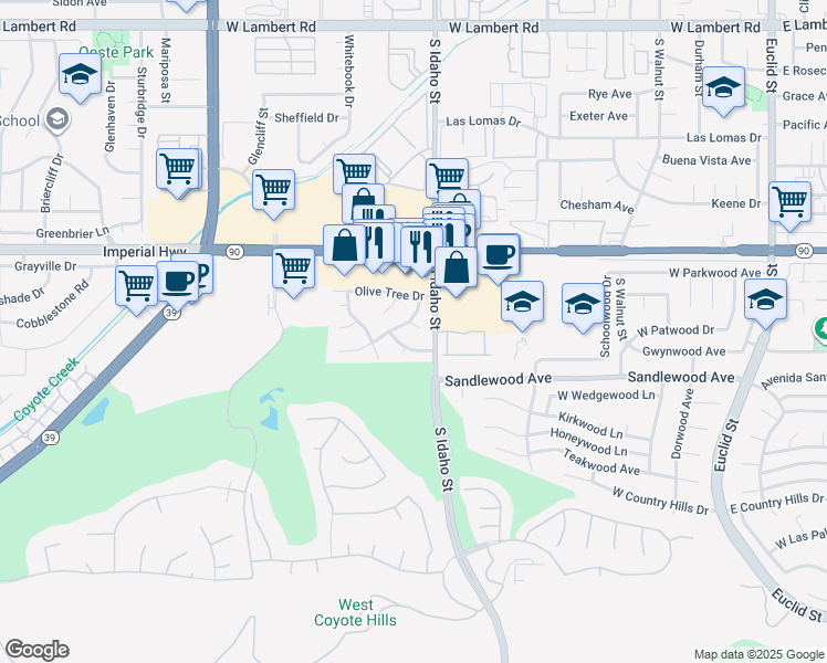 map of restaurants, bars, coffee shops, grocery stores, and more near 1230 Spring Tree Court in La Habra