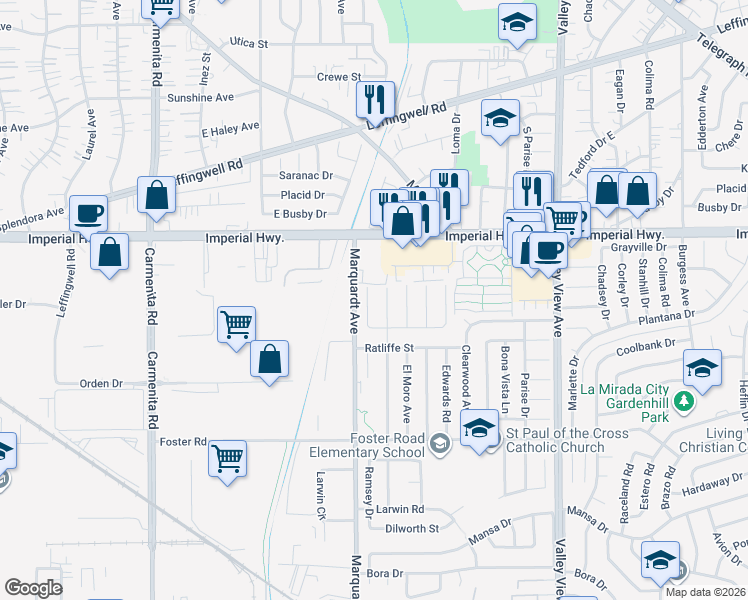 map of restaurants, bars, coffee shops, grocery stores, and more near 12818 Ramsey Drive in La Mirada