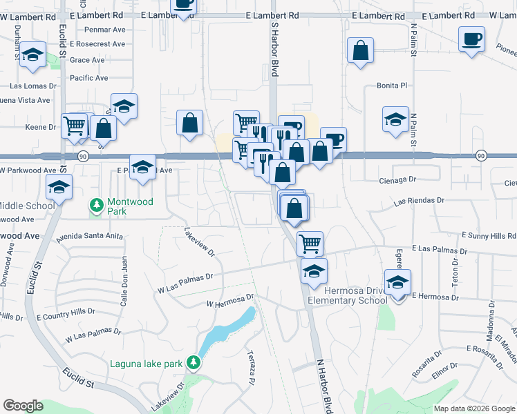 map of restaurants, bars, coffee shops, grocery stores, and more near 1401 South Harbor Boulevard in La Habra
