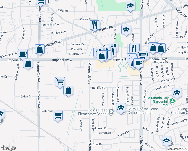map of restaurants, bars, coffee shops, grocery stores, and more near 12818 Ramsey Drive in La Mirada