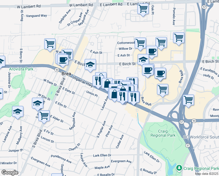 map of restaurants, bars, coffee shops, grocery stores, and more near 284 Laurel Avenue in Brea