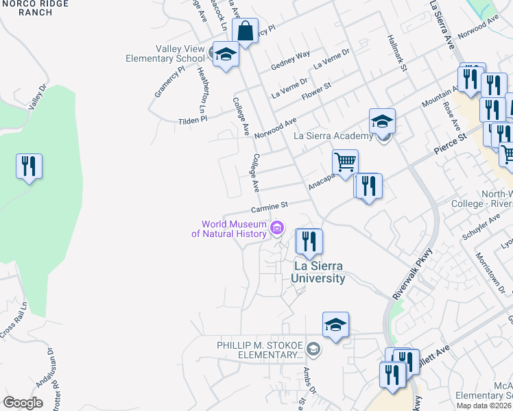 map of restaurants, bars, coffee shops, grocery stores, and more near 11711 Carmine Street in Riverside