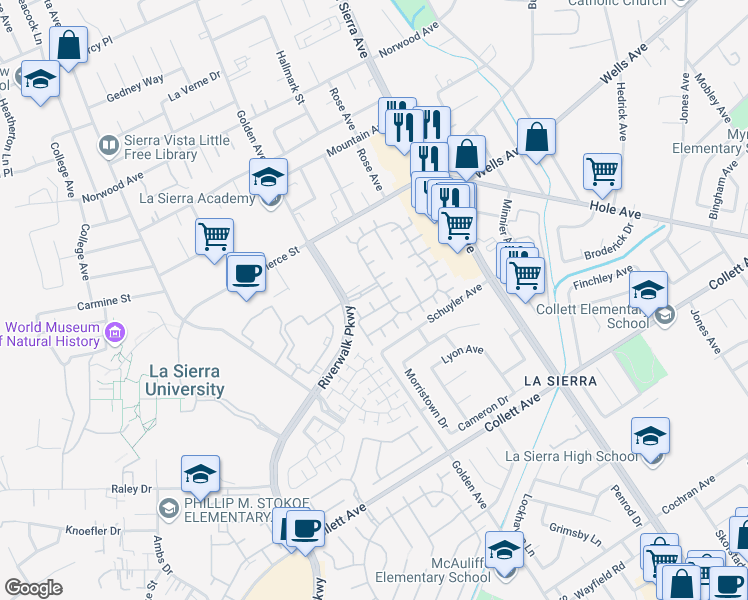 map of restaurants, bars, coffee shops, grocery stores, and more near 4689 Trailmore Court in Riverside