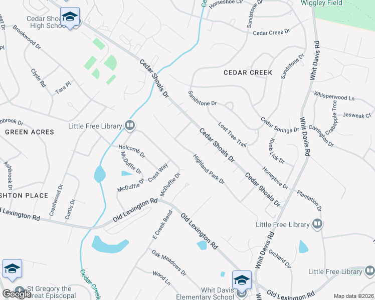 map of restaurants, bars, coffee shops, grocery stores, and more near 179 Highland Park Drive in Athens