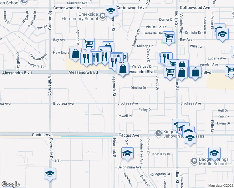map of restaurants, bars, coffee shops, grocery stores, and more near 14175 Travers Drive in Moreno Valley
