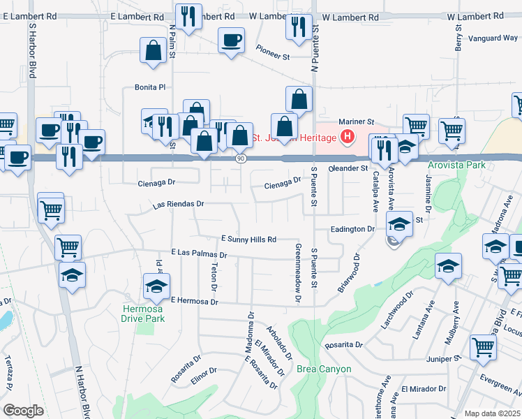 map of restaurants, bars, coffee shops, grocery stores, and more near 3830 Madonna Drive in Fullerton