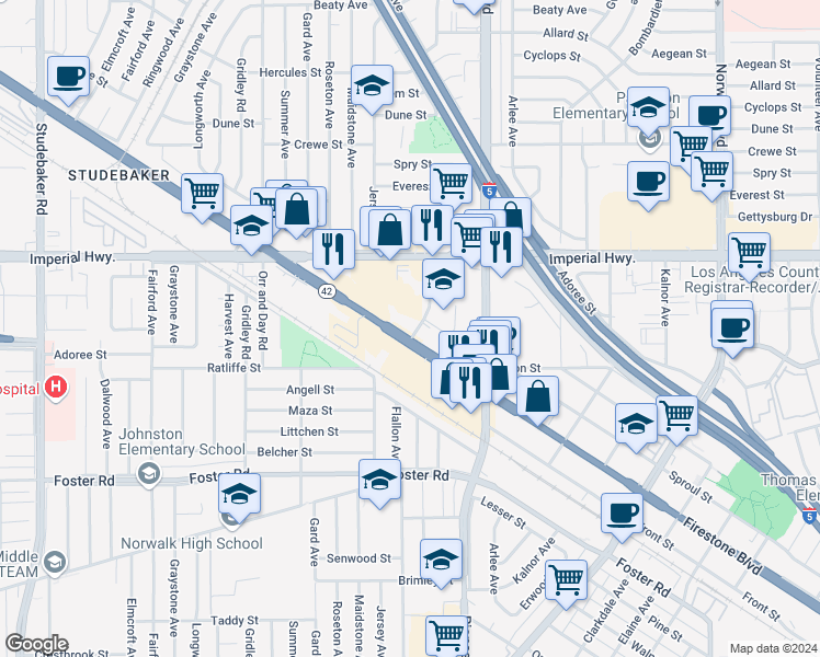 map of restaurants, bars, coffee shops, grocery stores, and more near 11645 Firestone Boulevard in Norwalk