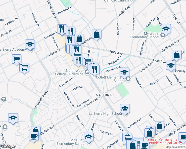 map of restaurants, bars, coffee shops, grocery stores, and more near 4549 La Sierra Avenue in Riverside