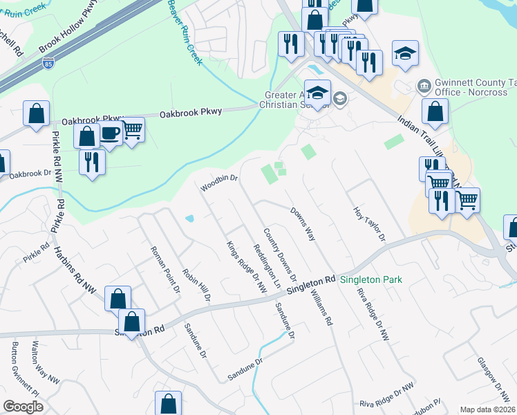 map of restaurants, bars, coffee shops, grocery stores, and more near 1461 Country Downs Drive in Norcross