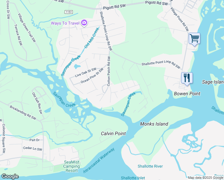 map of restaurants, bars, coffee shops, grocery stores, and more near 1694 Point Windward Place Southwest in Shallotte
