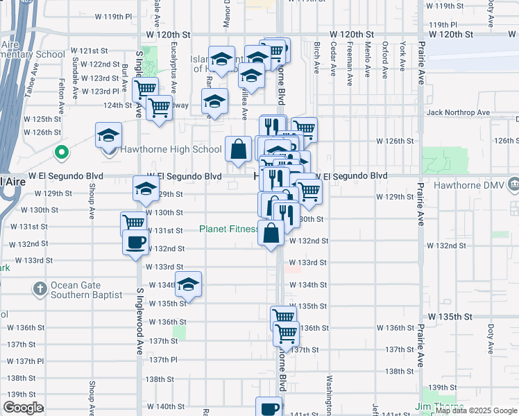 map of restaurants, bars, coffee shops, grocery stores, and more near 4471 West 130th Street in Hawthorne