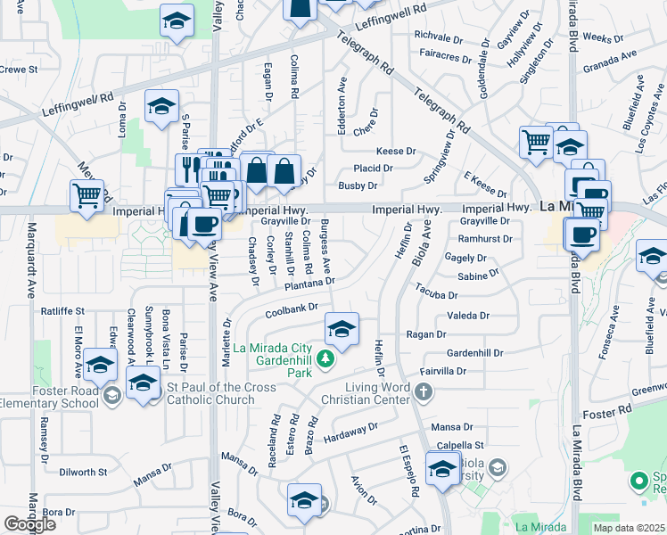 map of restaurants, bars, coffee shops, grocery stores, and more near 12809 Graff Drive in La Mirada