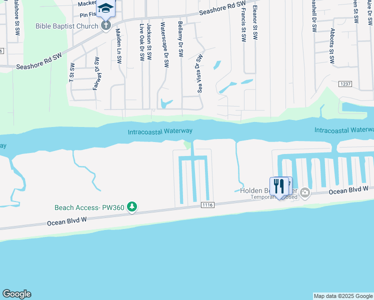 map of restaurants, bars, coffee shops, grocery stores, and more near 174 Sand Dollar Drive in Holden Beach