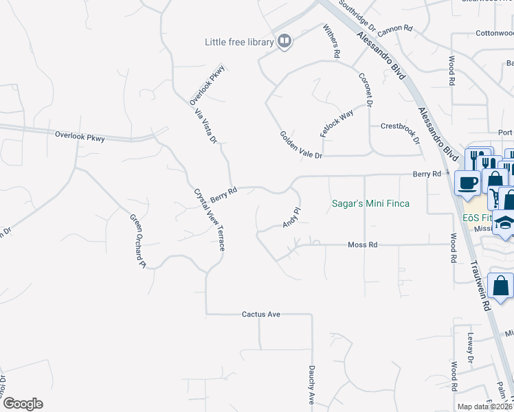 map of restaurants, bars, coffee shops, grocery stores, and more near 14087 Ashton Lane in Riverside