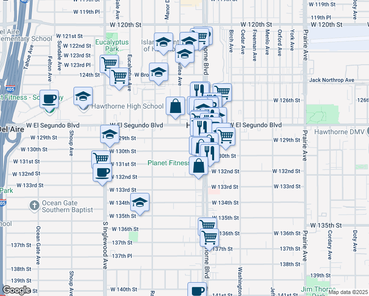 map of restaurants, bars, coffee shops, grocery stores, and more near 4471 West 130th Street in Hawthorne