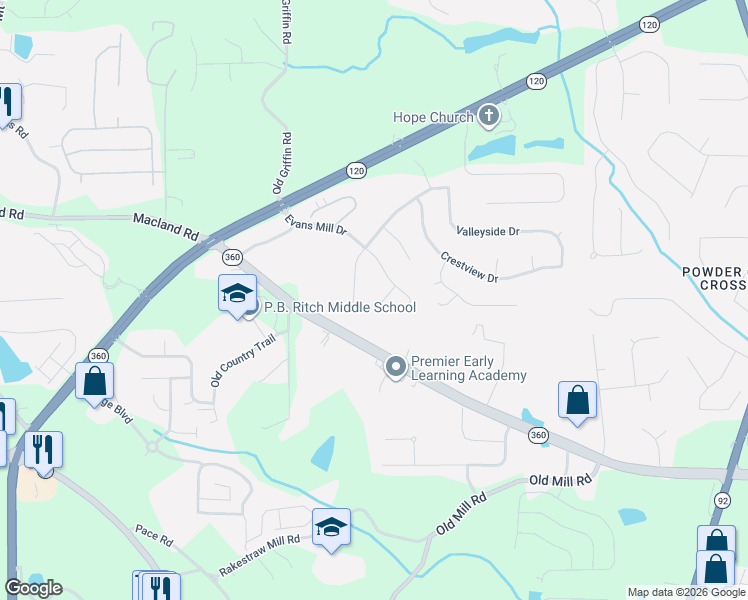 map of restaurants, bars, coffee shops, grocery stores, and more near 60 Evans Mill Court in Dallas