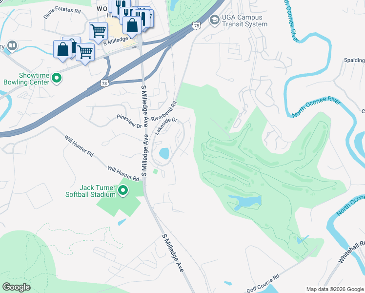 map of restaurants, bars, coffee shops, grocery stores, and more near 2110 Lakeside Drive in Athens