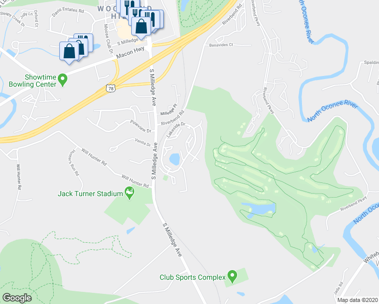 map of restaurants, bars, coffee shops, grocery stores, and more near Lakeside Drive in Athens