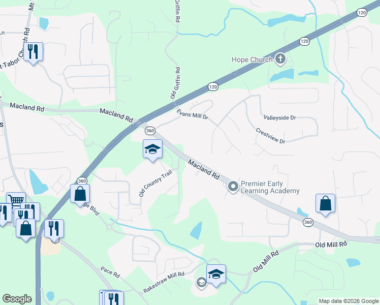 map of restaurants, bars, coffee shops, grocery stores, and more near 2385 Macland Road in Dallas