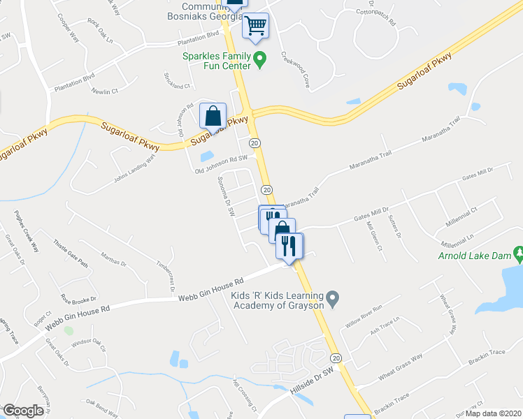 map of restaurants, bars, coffee shops, grocery stores, and more near Napa Valley Lane Southwest in Lawrenceville
